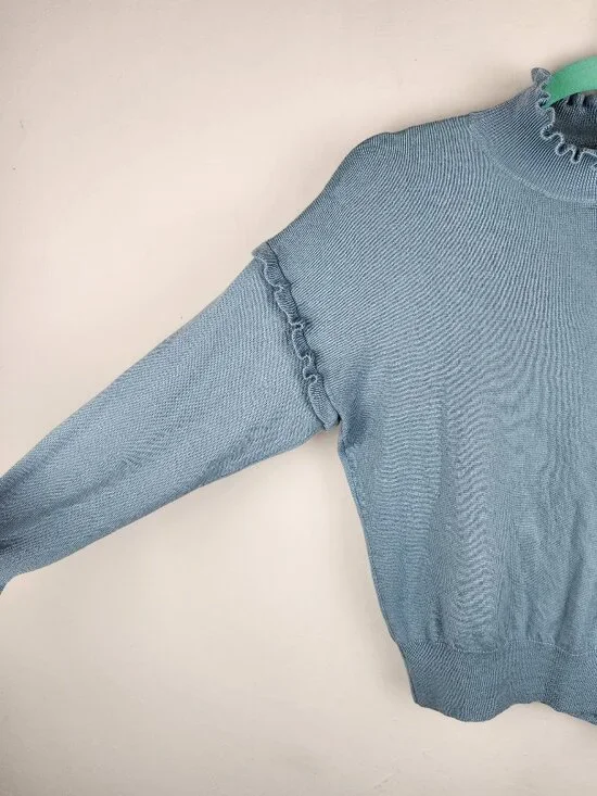 Rebecca Taylor 100% Merino Wool Ruffle Trim Mockneck Sweater Blue sz S *read* - Picture 3 of 11